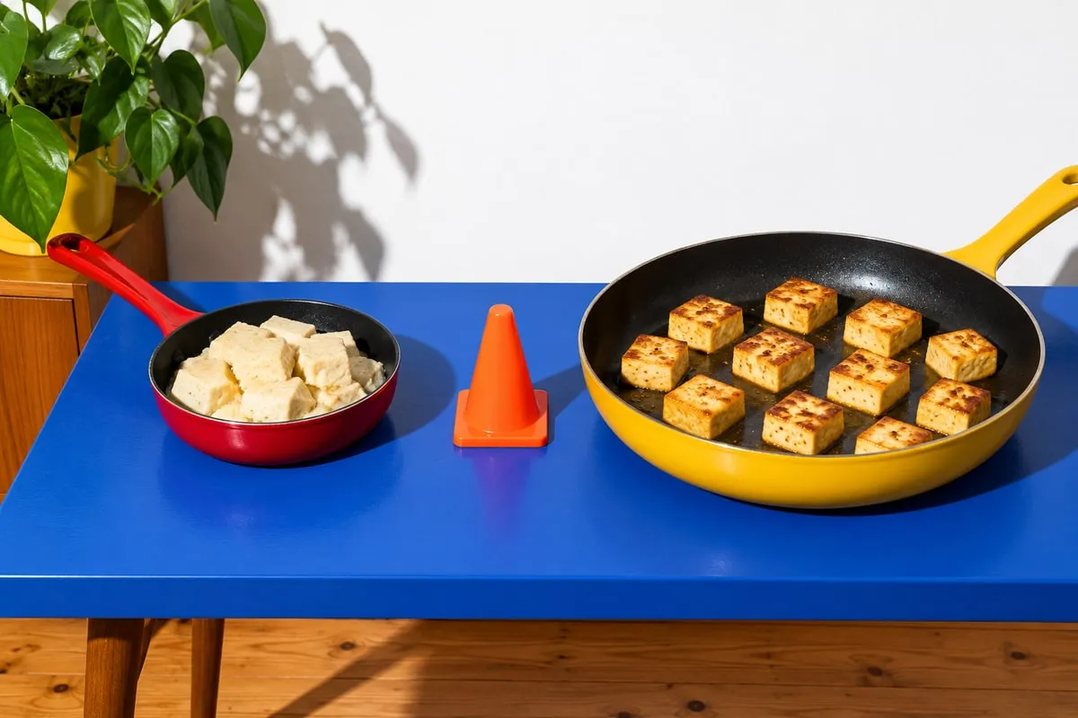 Dwie patelnie z tofu: w małej czerwonej blade kostki leżą zbite jedna na drugiej, w dużej żółtej złociste kostki usmażone w odstępach, między nimi pomarańczowy pachołek