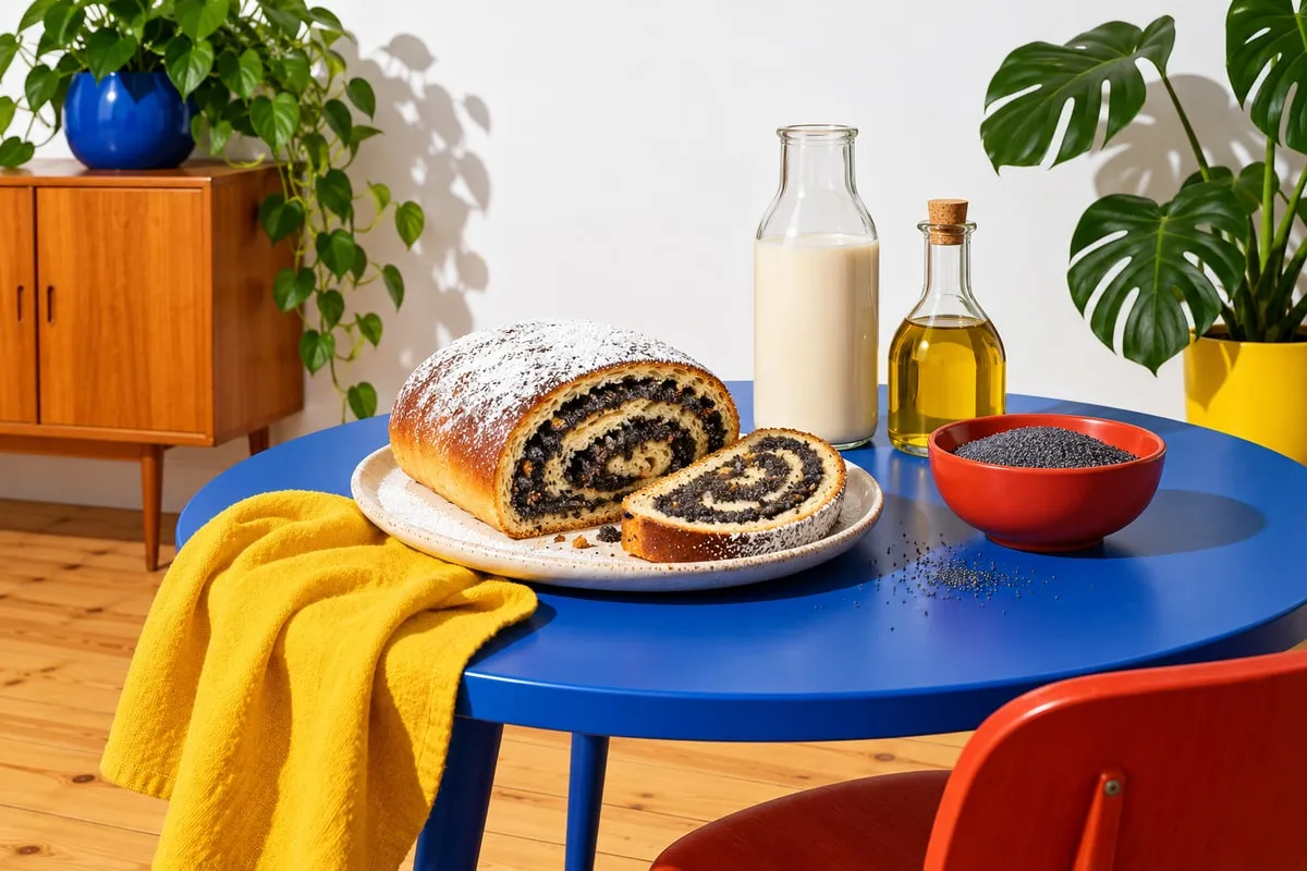 Pokrojony makowiec ze spiralą maku na niebieskim stole, obok butelka napoju owsianego, olej i miska maku