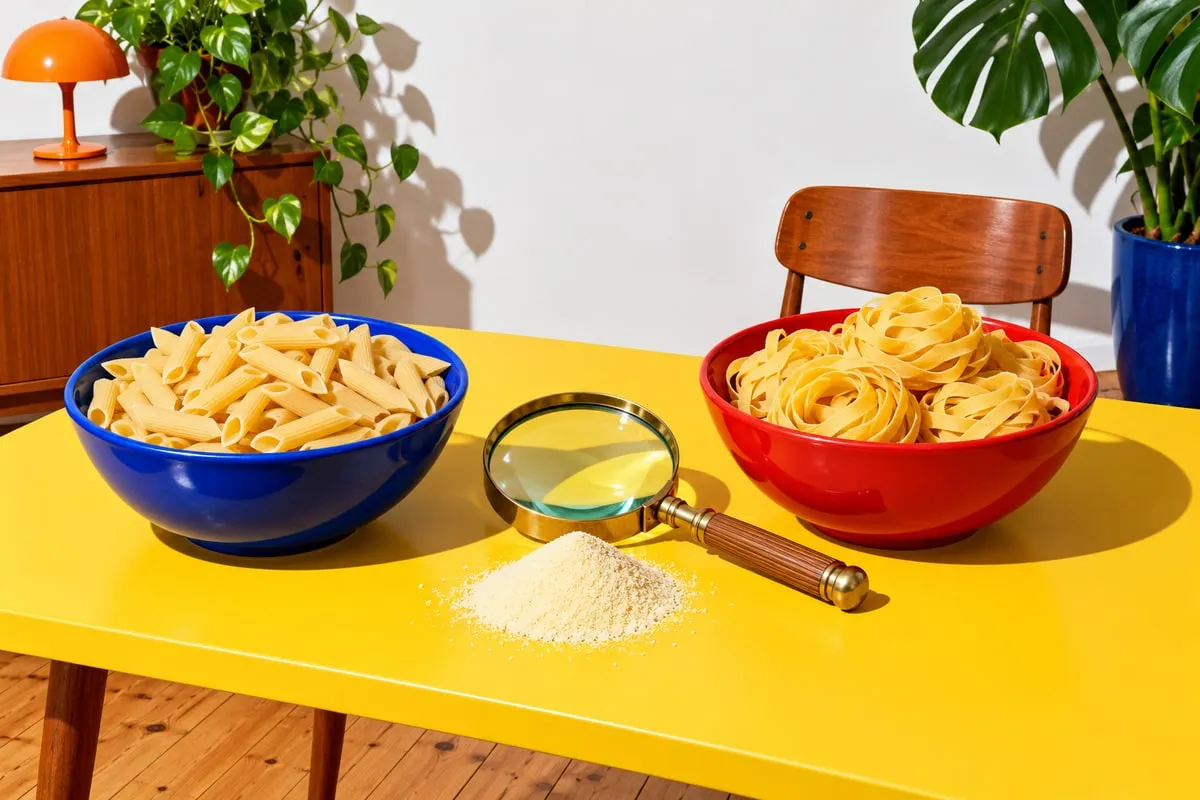 Dwie miski suchego makaronu: jasne penne z pszenicy durum w niebieskiej i żółtsze gniazda wstążek w czerwonej, pomiędzy nimi lupa i kopczyk semoliny