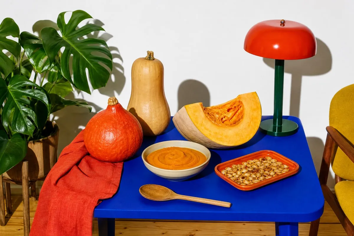 Na niebieskim stole leżą dynia hokkaido, dynia piżmowa i plaster dużej dyni, obok miska puree z dyni i tacka pieczonych pestek