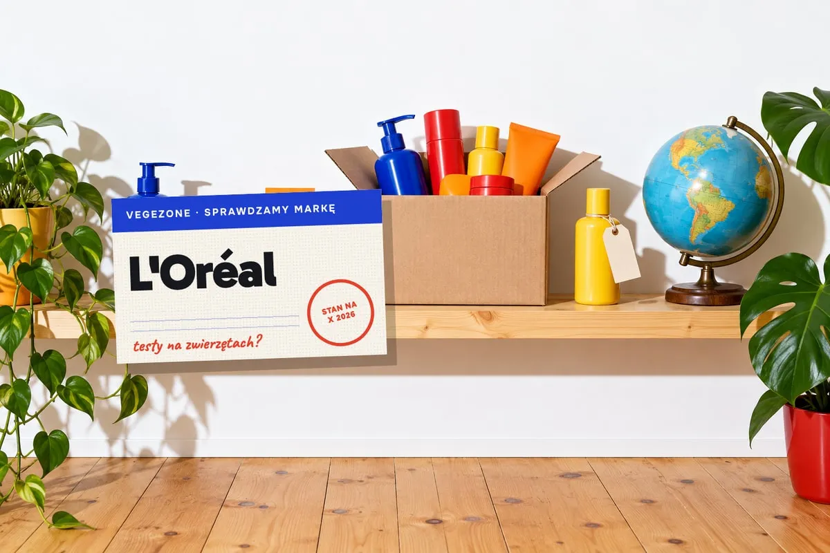 Karta Vegezone „Sprawdzamy markę” z nazwą L'Oréal; za nią na drewnianej półce stoją kolorowe kosmetyki bez etykiet i otwarty karton, obok globus