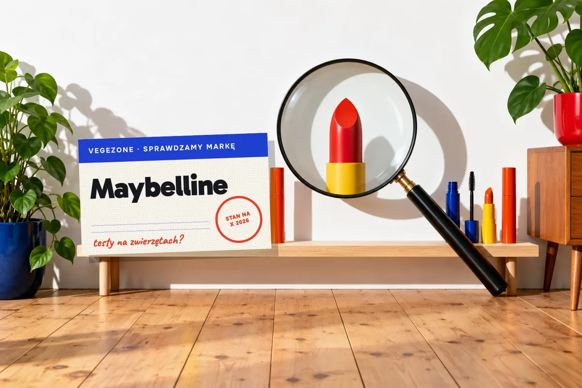 Karta Vegezone „Sprawdzamy markę” z nazwą Maybelline; obok na drewnianej półce stoją kolorowe tusze do rzęs i pomadki bez etykiet, a ogromna lupa powiększa jedną z pomadek