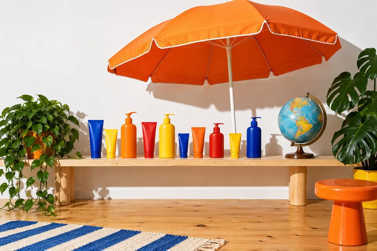 Nad drewnianą półką z kolorowymi tubkami i butelkami bez etykiet rozłożono w pokoju pomarańczowy parasol plażowy; z boku stoi globus