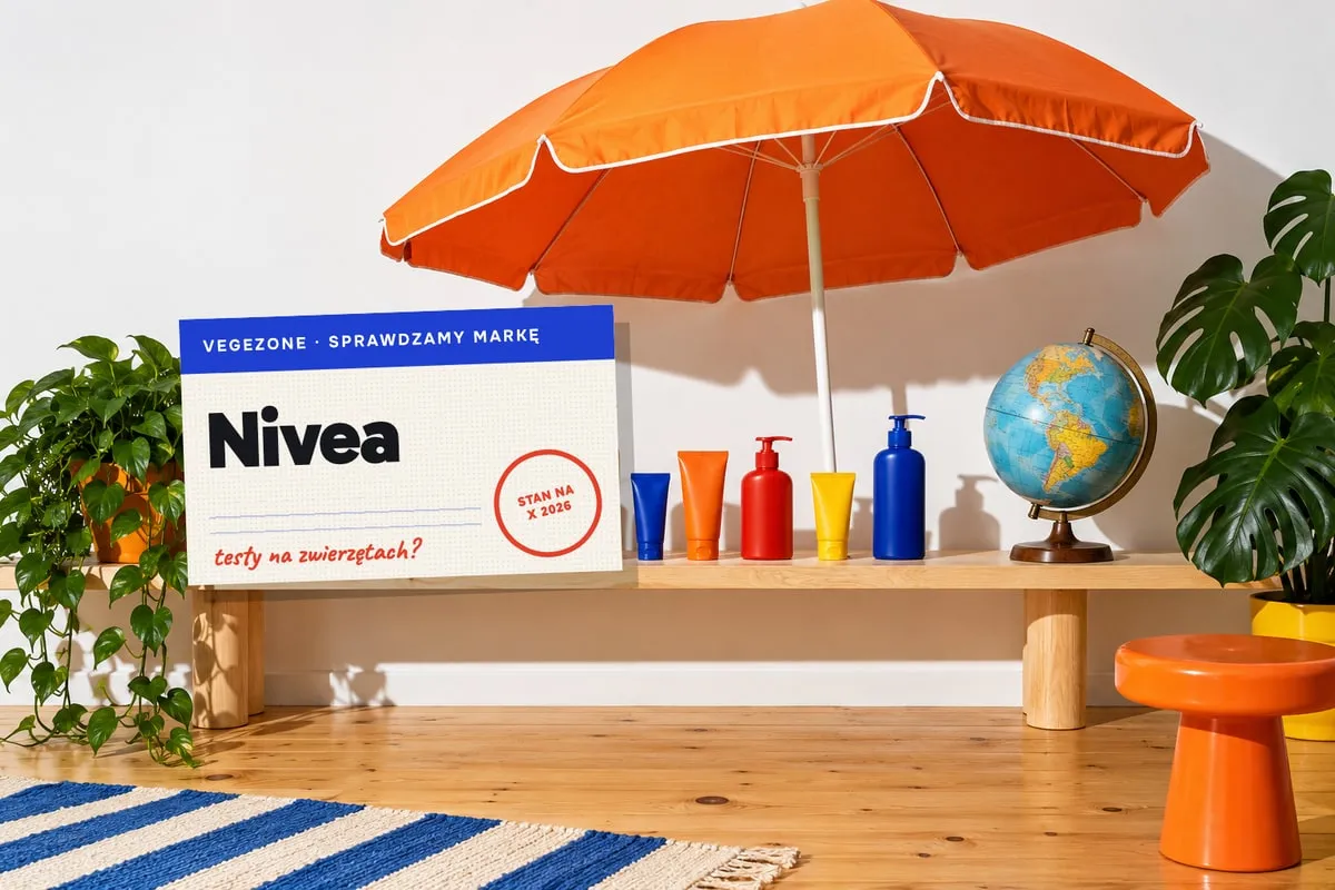 Karta Vegezone „Sprawdzamy markę” z nazwą Nivea; za nią nad drewnianą półką z kolorowymi tubkami bez etykiet rozłożono pomarańczowy parasol plażowy, z boku stoi globus