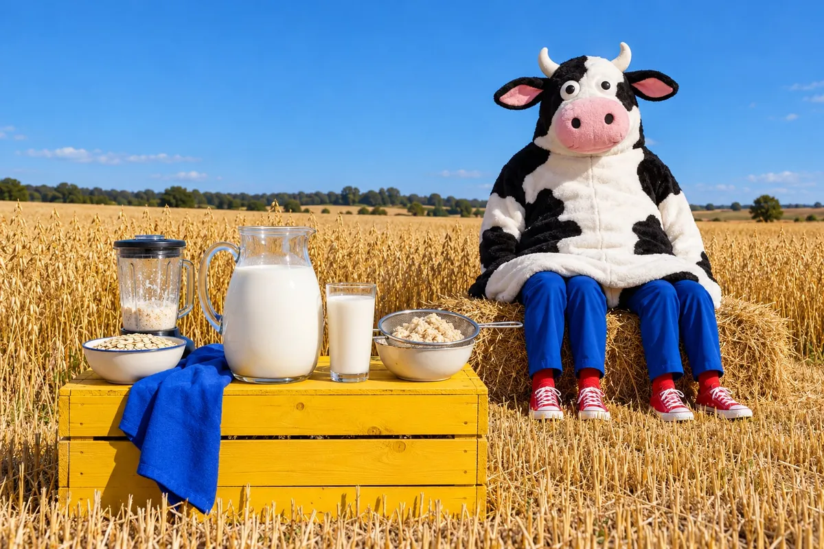 Na żółtej skrzynce na skraju pola owsa stoi duży dzbanek domowego mleka owsianego i pełna szklanka, obok sitko z pulpą, blender i miska płatków, a za nimi na snopku słomy siedzi pluszowy kostium krowy dla dwóch osób