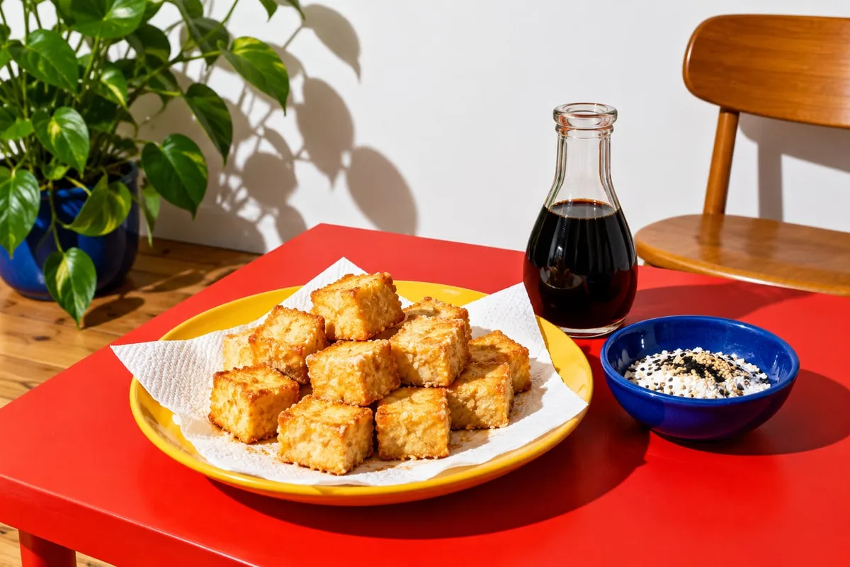 Na żółtym talerzu z ręcznikiem papierowym leżą chrupiące, usmażone kostki tofu, obok miseczka skrobi z sezamem i butelka sosu sojowego
