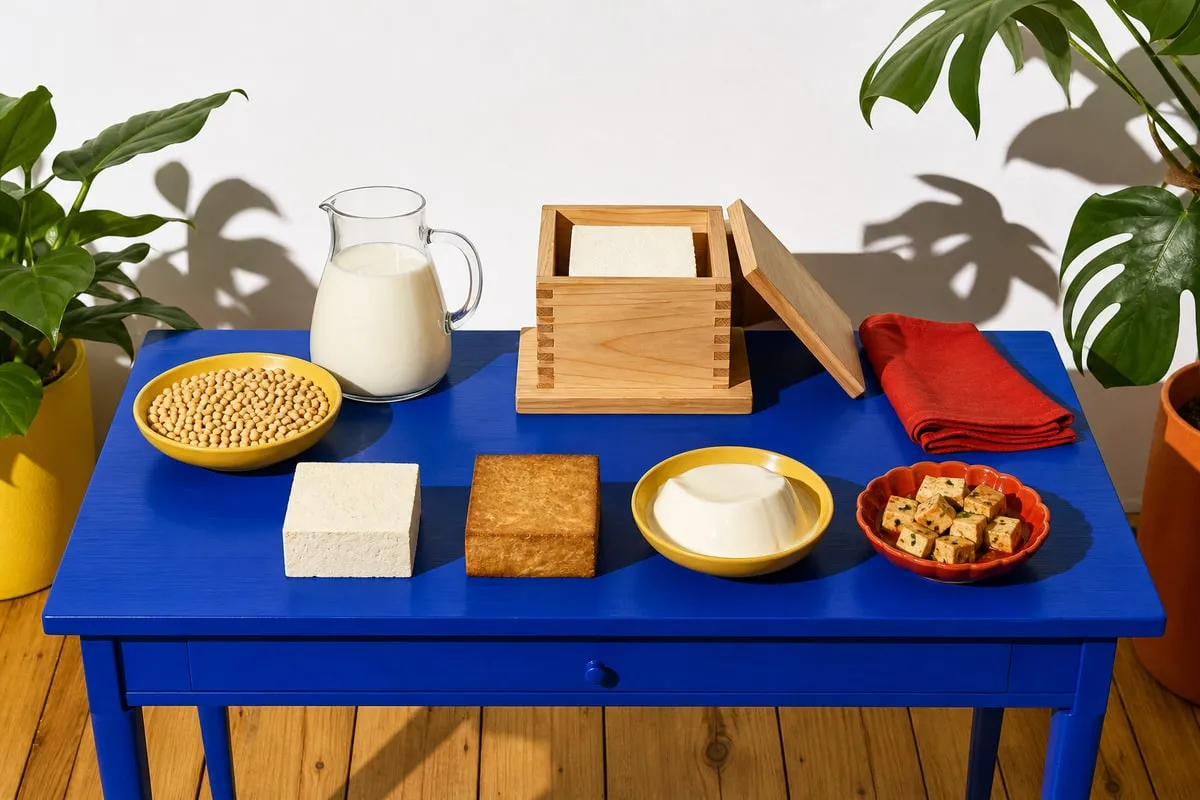 Na niebieskim stole stoją miska suchej soi, dzbanek napoju sojowego, drewniana prasa z kostką tofu, a przed nimi kostka tofu naturalnego, kostka wędzonego, jedwabiste tofu w misce i pokrojone tofu z ziołami